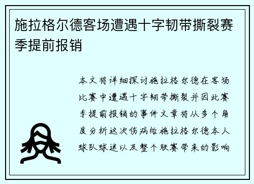 施拉格尔德客场遭遇十字韧带撕裂赛季提前报销