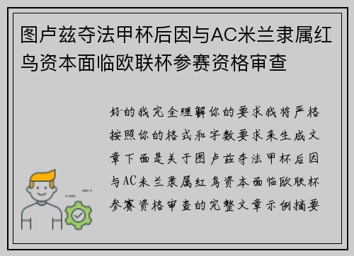 图卢兹夺法甲杯后因与AC米兰隶属红鸟资本面临欧联杯参赛资格审查